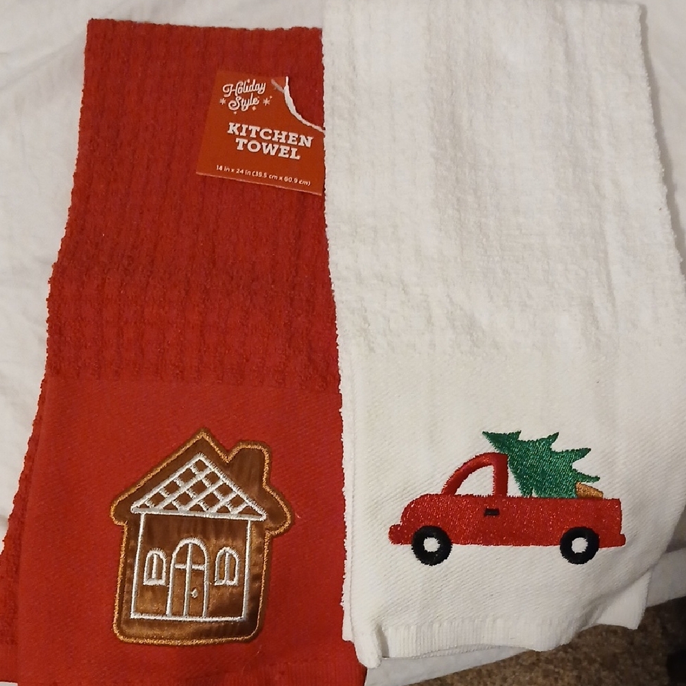Holiday Kitchen Towels with Gingerbread House and Truck Design